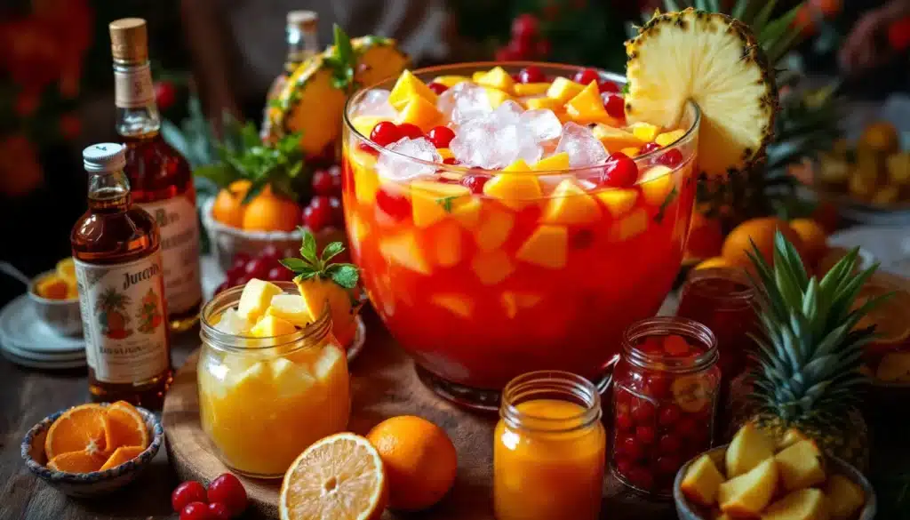 punch planteur : grand saladier de punch coloré et décoré avec des quartiers d'orange