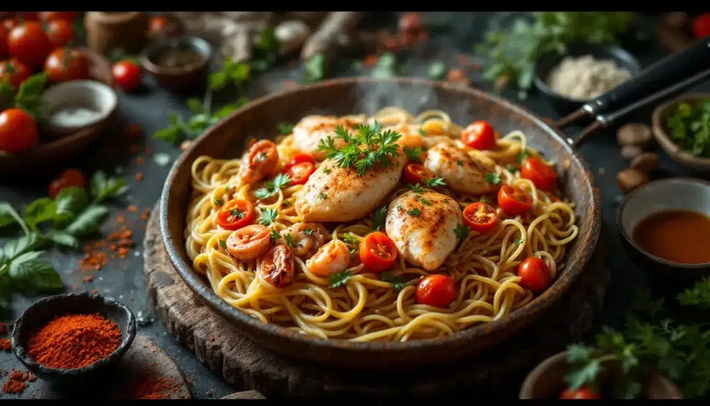 fideua poulet : plat méditerranéen de fideua avec poulet, vermicelles et citron