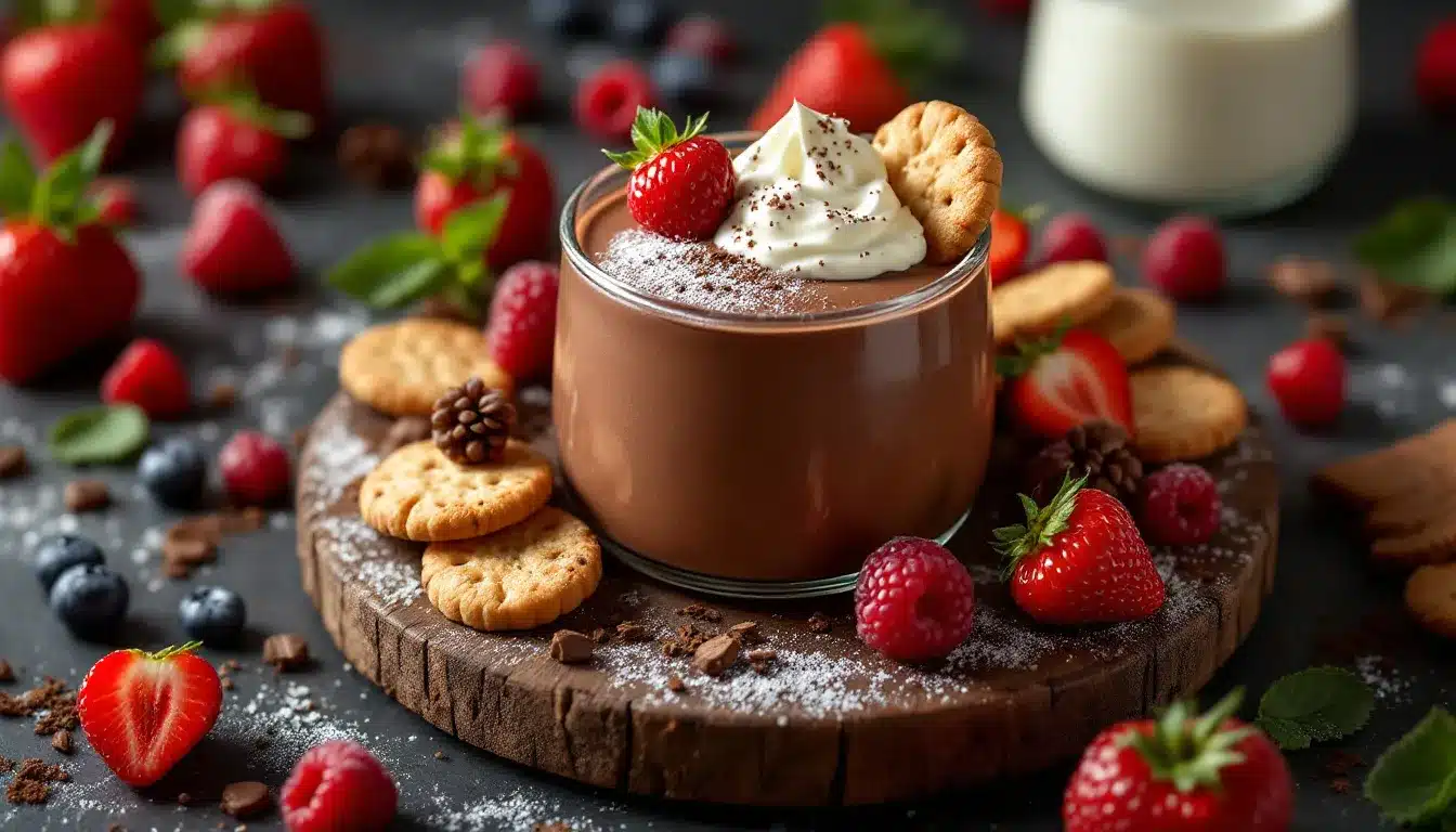 mousse au chocolat : dessert onctueux servi avec des fruits frais et biscuits