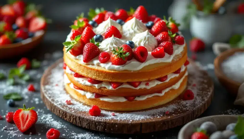 gâteau léger : gâteau moelleux et léger à côté d'une salade de fruits colorée