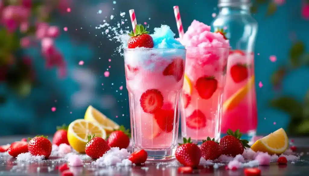 cocktail barbapapa : verre de cocktail avec barbe à papa rose en garniture