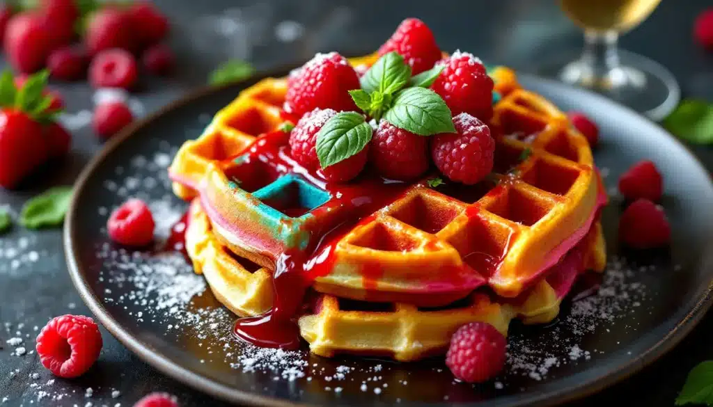 gaufre arc en ciel : gaufres colorées en couches arc en ciel avec garniture de framboises et basilic