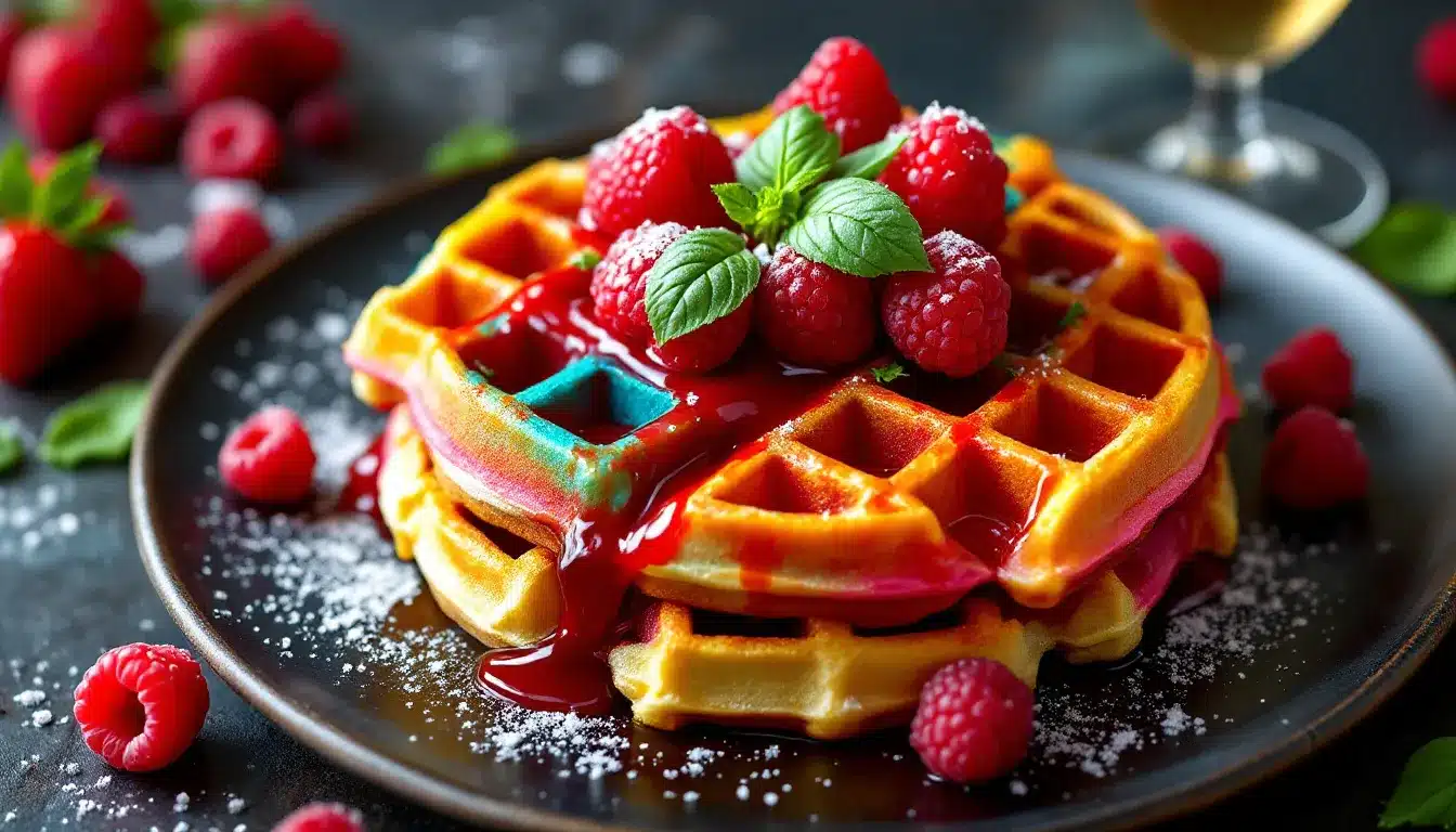 gaufre arc en ciel : gaufres colorées en couches arc en ciel avec garniture de framboises et basilic