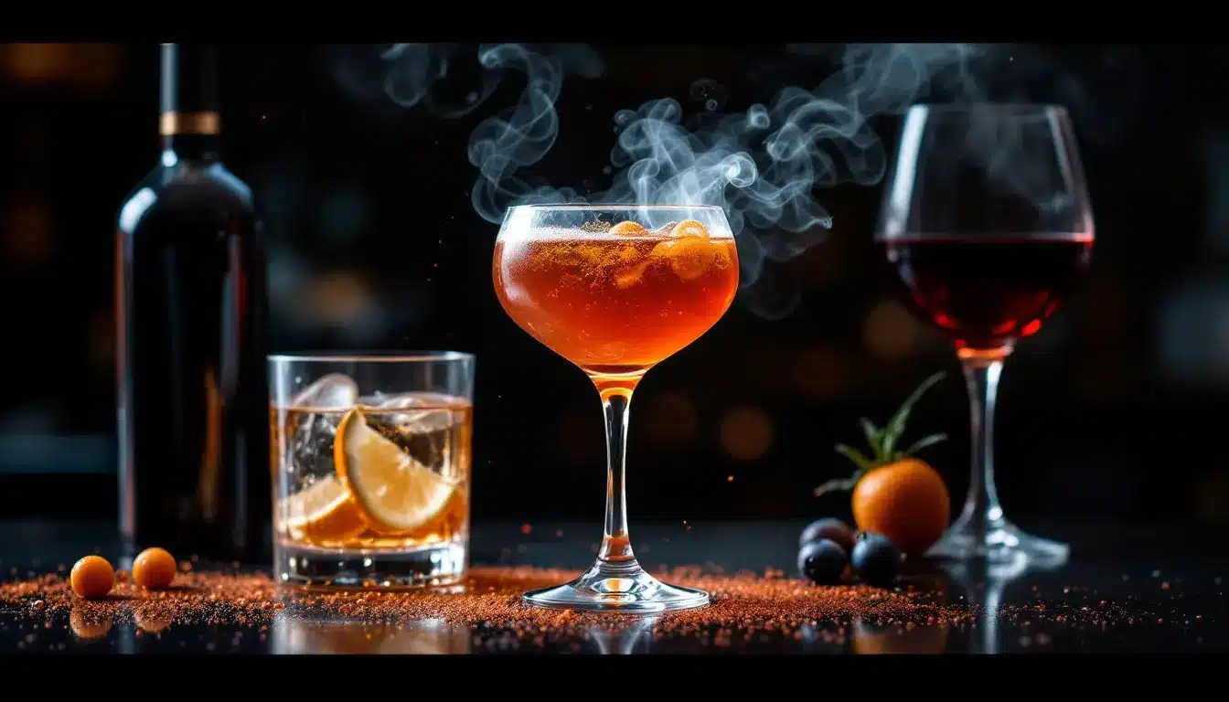 cocktail moléculaire : un verre de cocktail moléculaire coloré avec des sphères et mousses décoratives