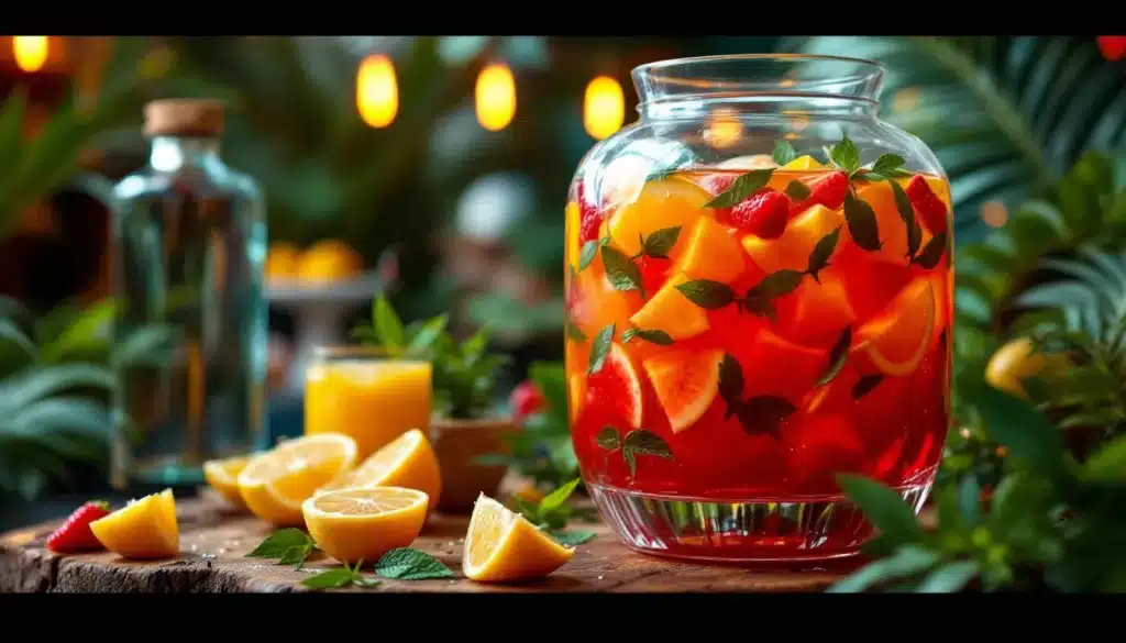 punch pour 40 personnes : grand récipient transparent rempli de punch fruité avec des glaçons et décorations festives