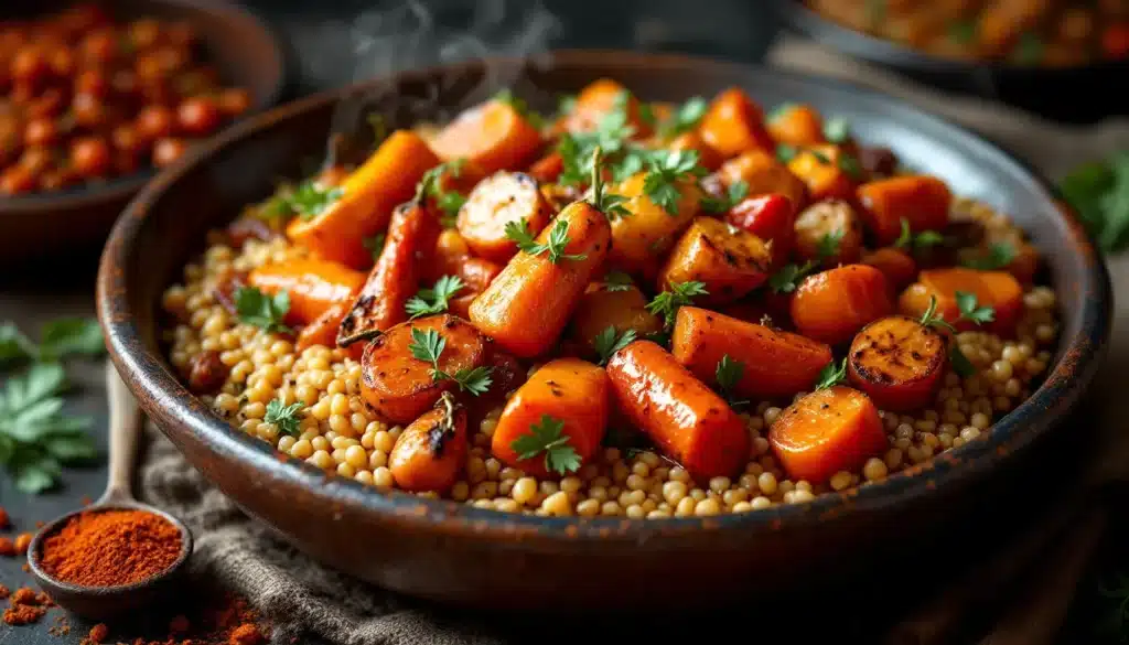 tajine de légumes racines au millet : plat coloré et savoureux de légumes racines et millet dans un tajine