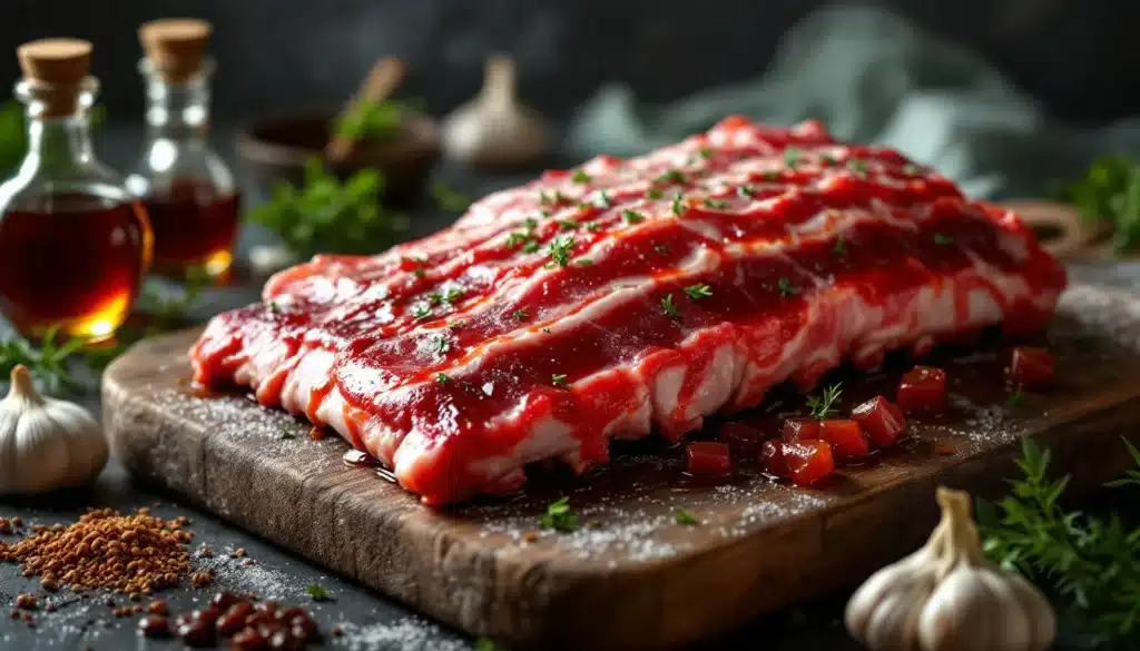 travers de porc : travers de porc caramélisés et fondants cuits au four avec accompagnement de légumes