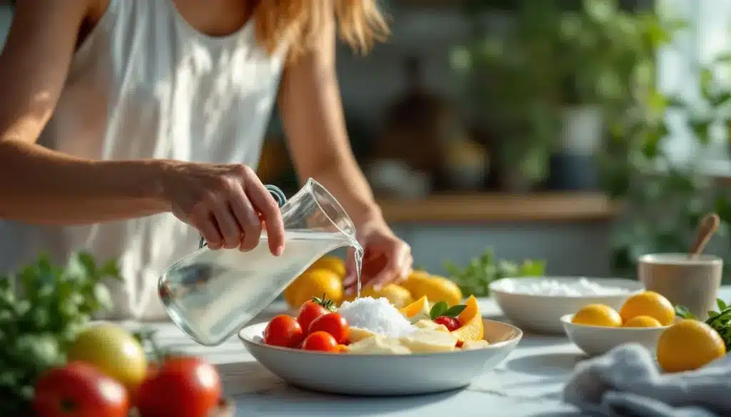 alcaliniser l'eau : illustration d'une eau pure et alcaline avec des ingrédients naturels comme citron et bicarbonate