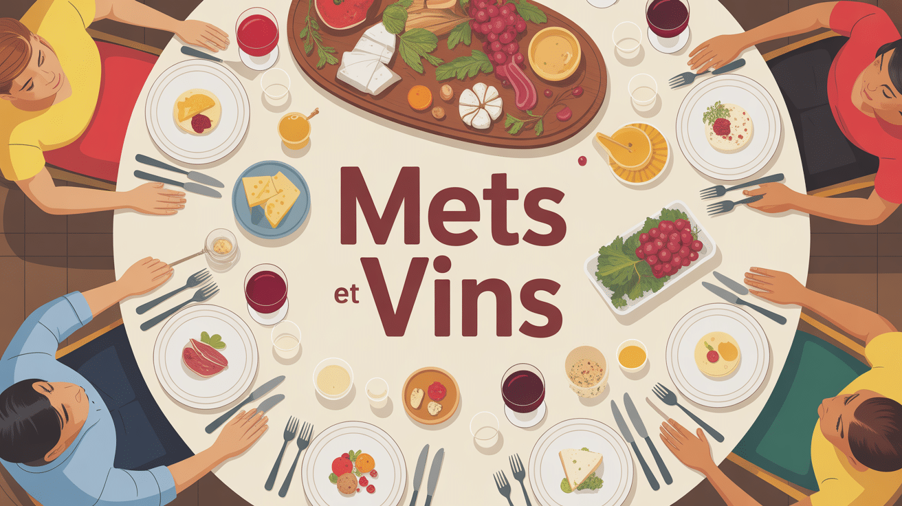 Table mets et vins avec verres, assiette et plats