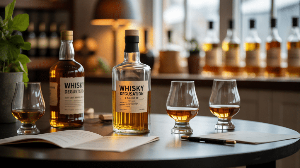 Assortiment de fioles Whisky degustation sur table raffinée