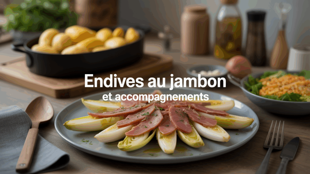Endives au jambon gratinées avec pommes de terre vapeur, salade croquante et riz, table familiale