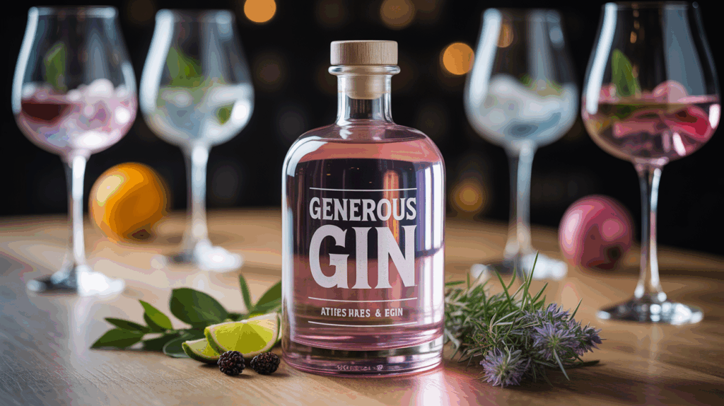 Bouteille Generous Gin artisanal sur table en bois, herbes et baies