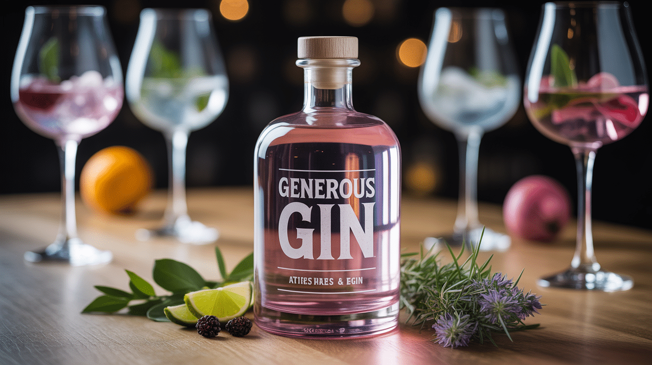 Bouteille Generous Gin artisanal sur table en bois, herbes et baies