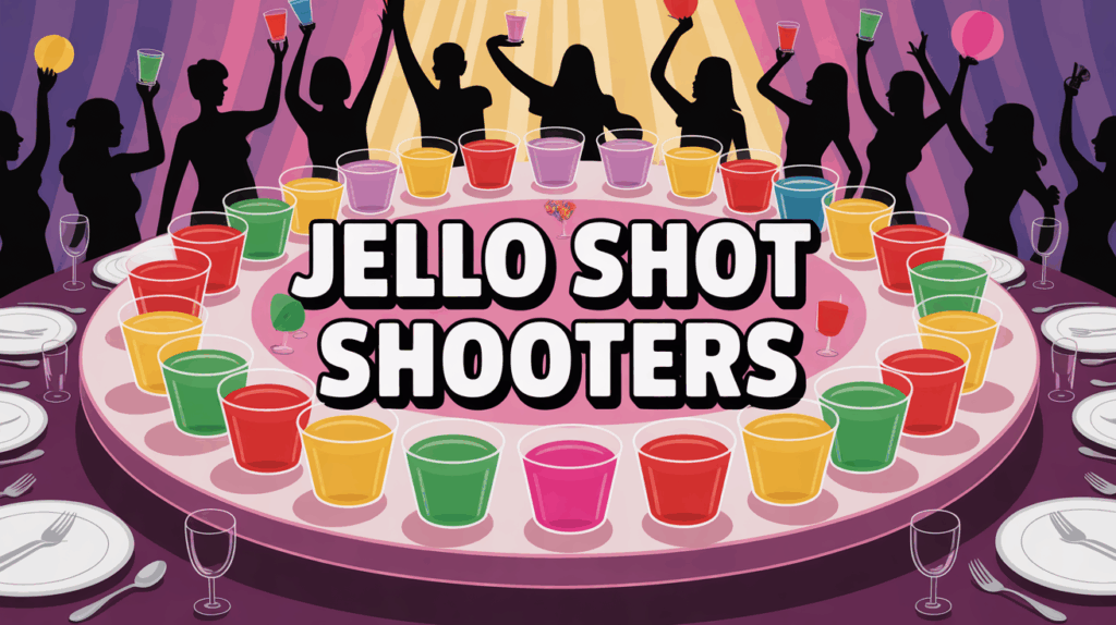 Plateau de jello shot shooters multicolores sur grande table en fête