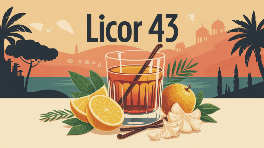 Verre Licor 43 doré avec agrumes et vanille sur fond méditerranéen