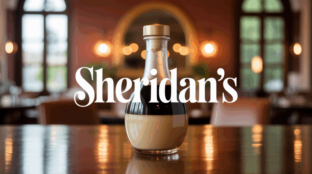 bouteille Sheridan's liqueur crème café double couche sur fond chaleureux