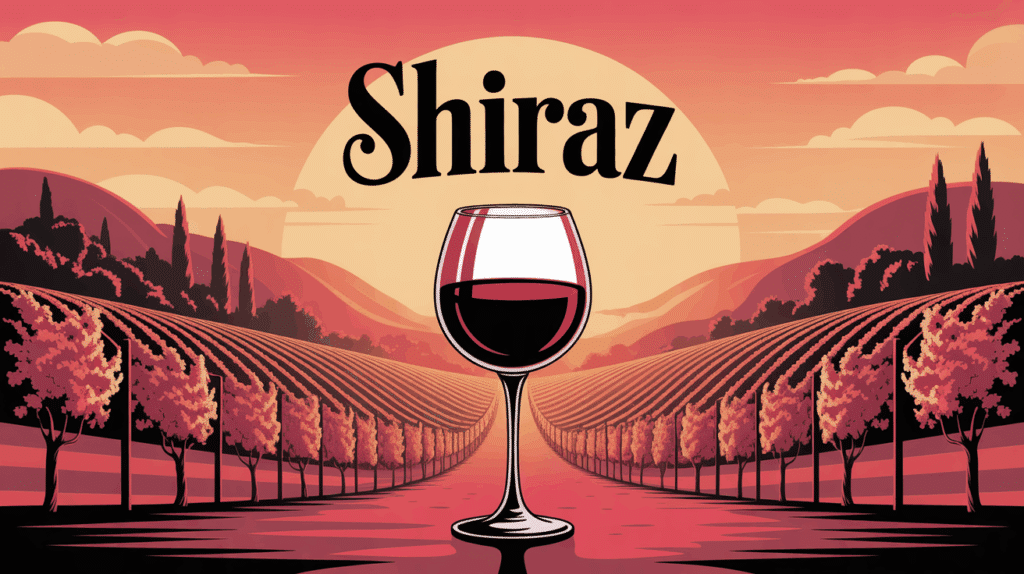 Verre de shiraz rouge devant collines vignobles au soleil couchant
