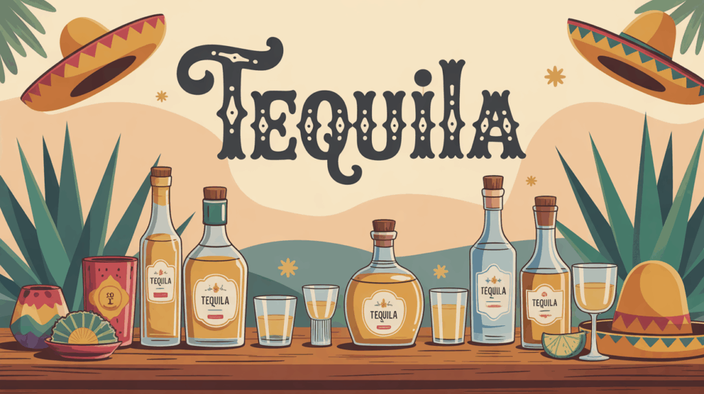scène festive de tequila avec bouteilles et agaves
