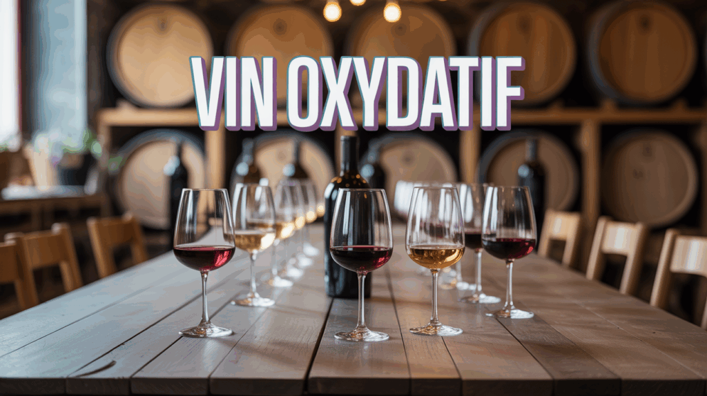Table bois vin oxydatif verres or et ambre vigneron barrique