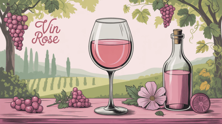 illustration de vin rose en verre avec vignes