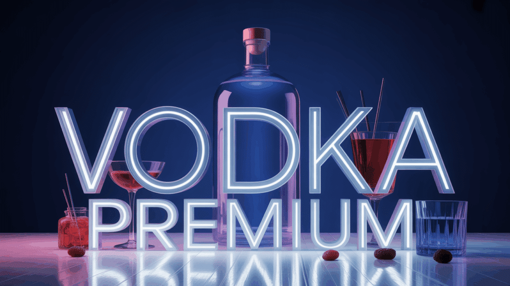 bouteille vodka premium et raisins sur fond bleu avec verres à cocktail