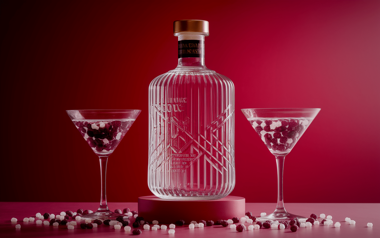 bouteille vodka premium ciroc avec raisins et verres martini