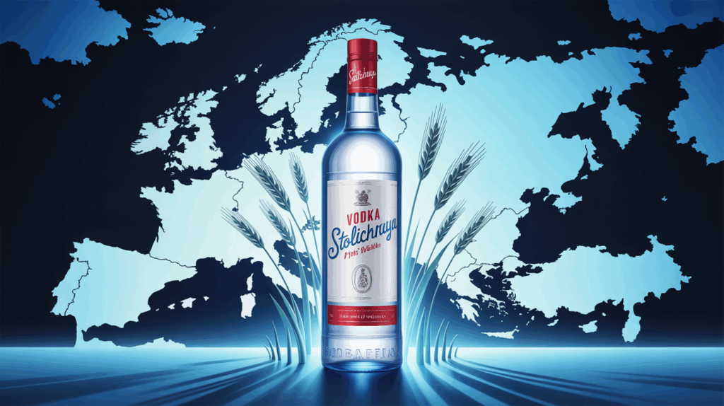 bouteille de vodka Stolichnaya transparente sur fond graphique Europe Russie