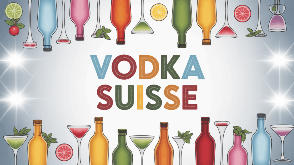 Table festive vodka suisse avec bouteilles colorées et verres