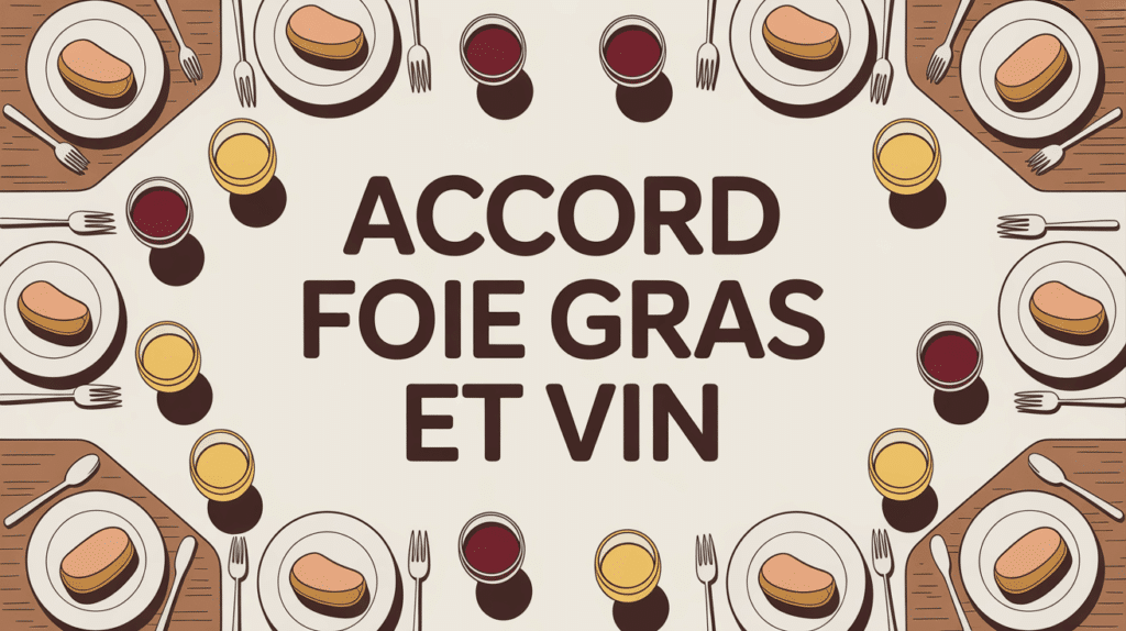 image accord foie gras et vin sur grande table avec vins blanc et rouge