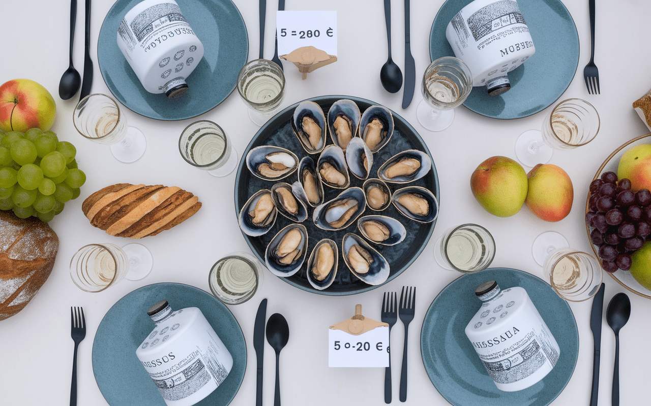 plat moules trois bouteilles vin blanc sec verres etiquettes prix