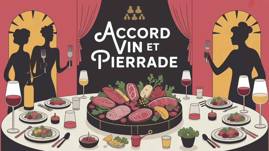 Table pierrade conviviale avec vins et ingrédients variés