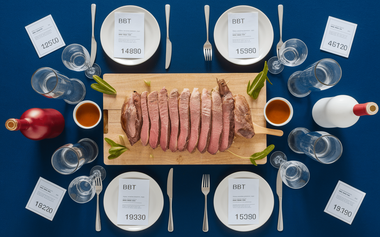 Table dressée avec tête de veau et accords vins blancs rouges