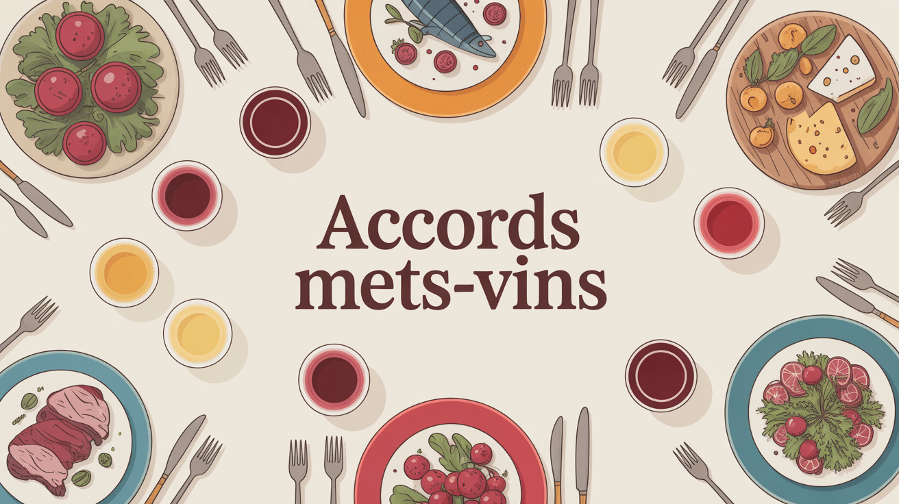 Table accords mets vins avec verres et plats