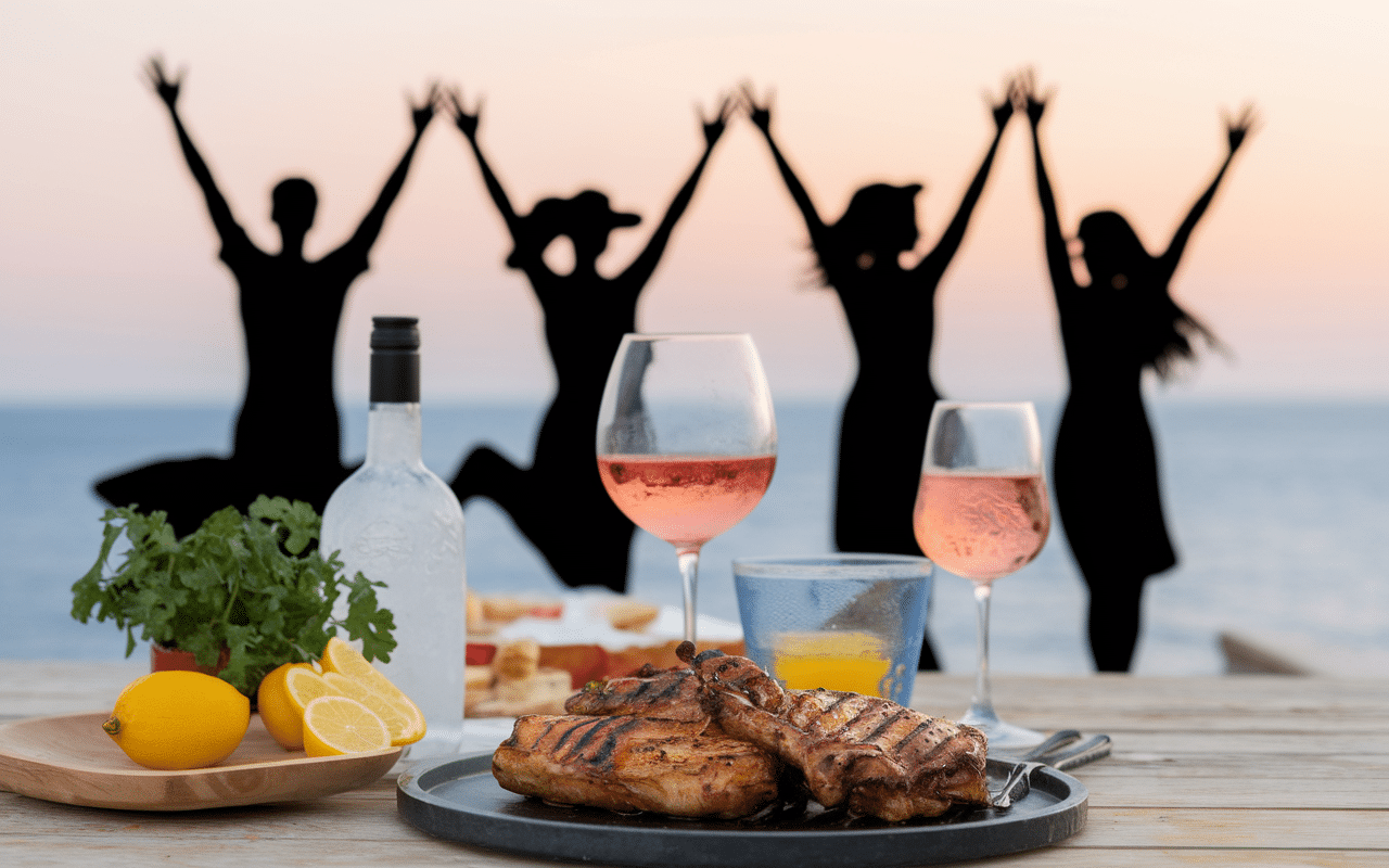 Barbecue poulet porc rosé frais accord vin