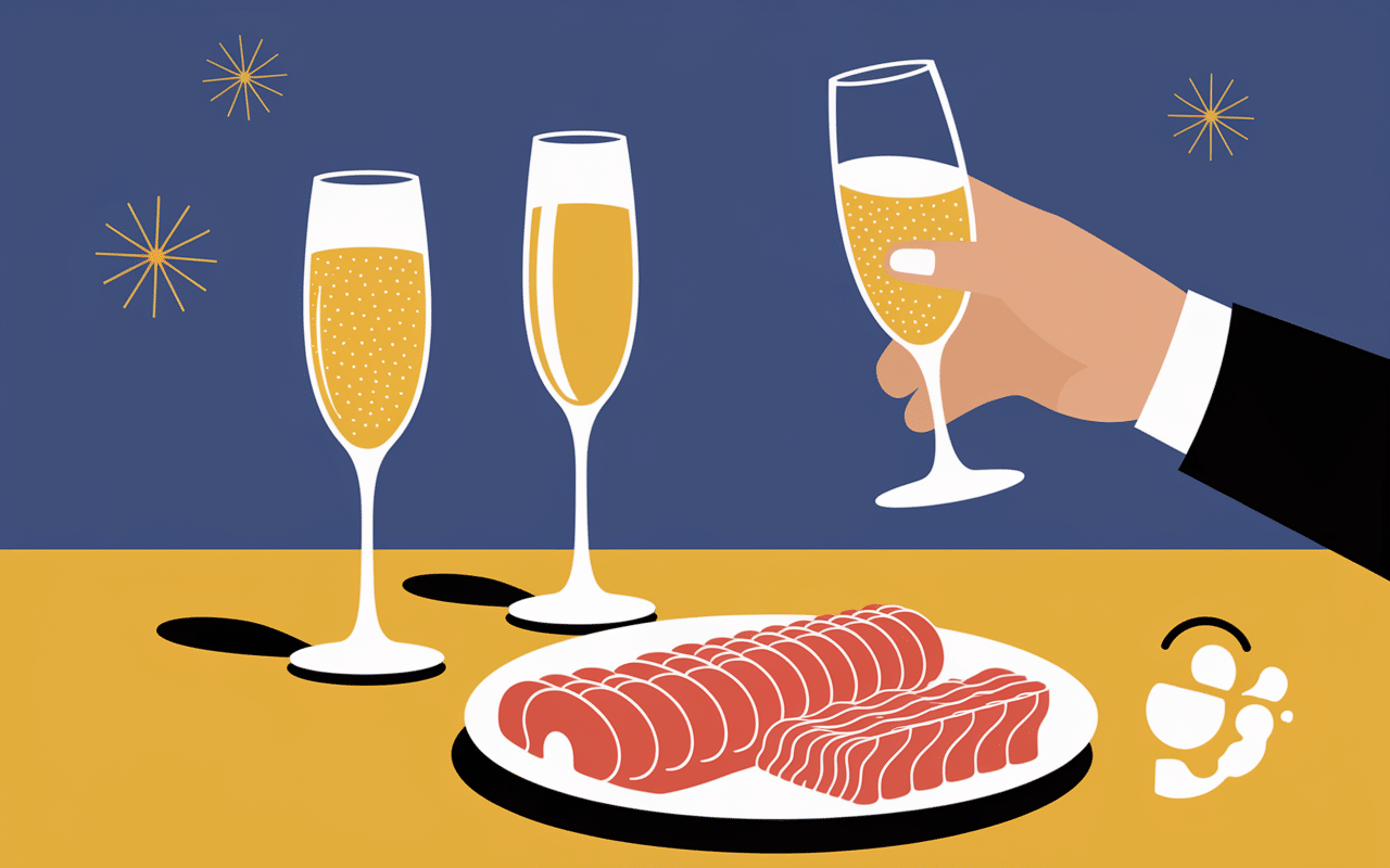 Champagne Cremant et saumon fume sur plateau ambiance fete