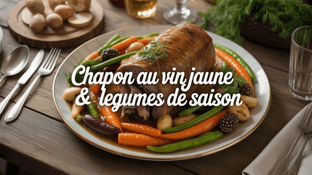 Chapon au vin jaune decoupe avec légumes de saison sur table familiale