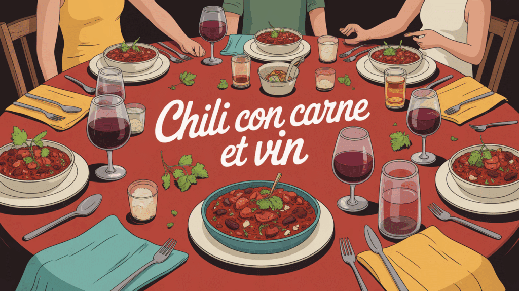 Grande tablée chili con carne et verres de vin
