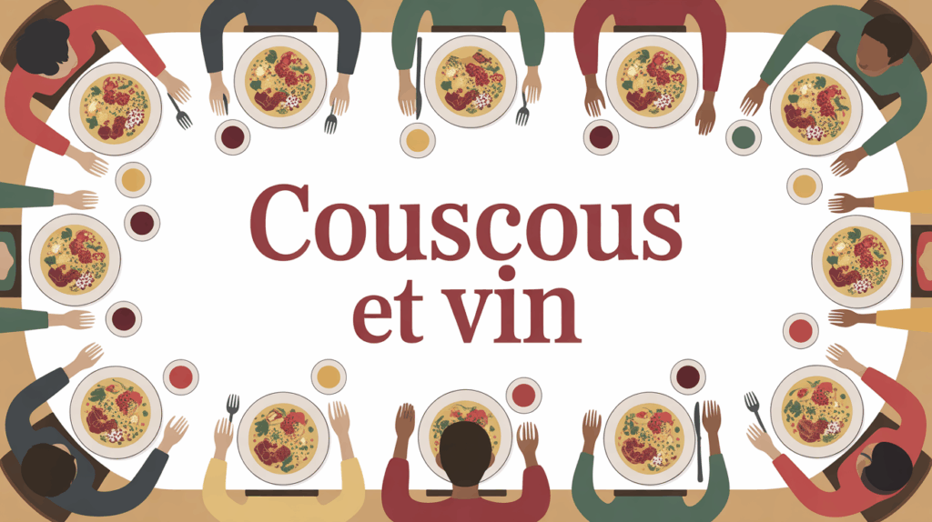 Grande table conviviale couscous verres de vin
