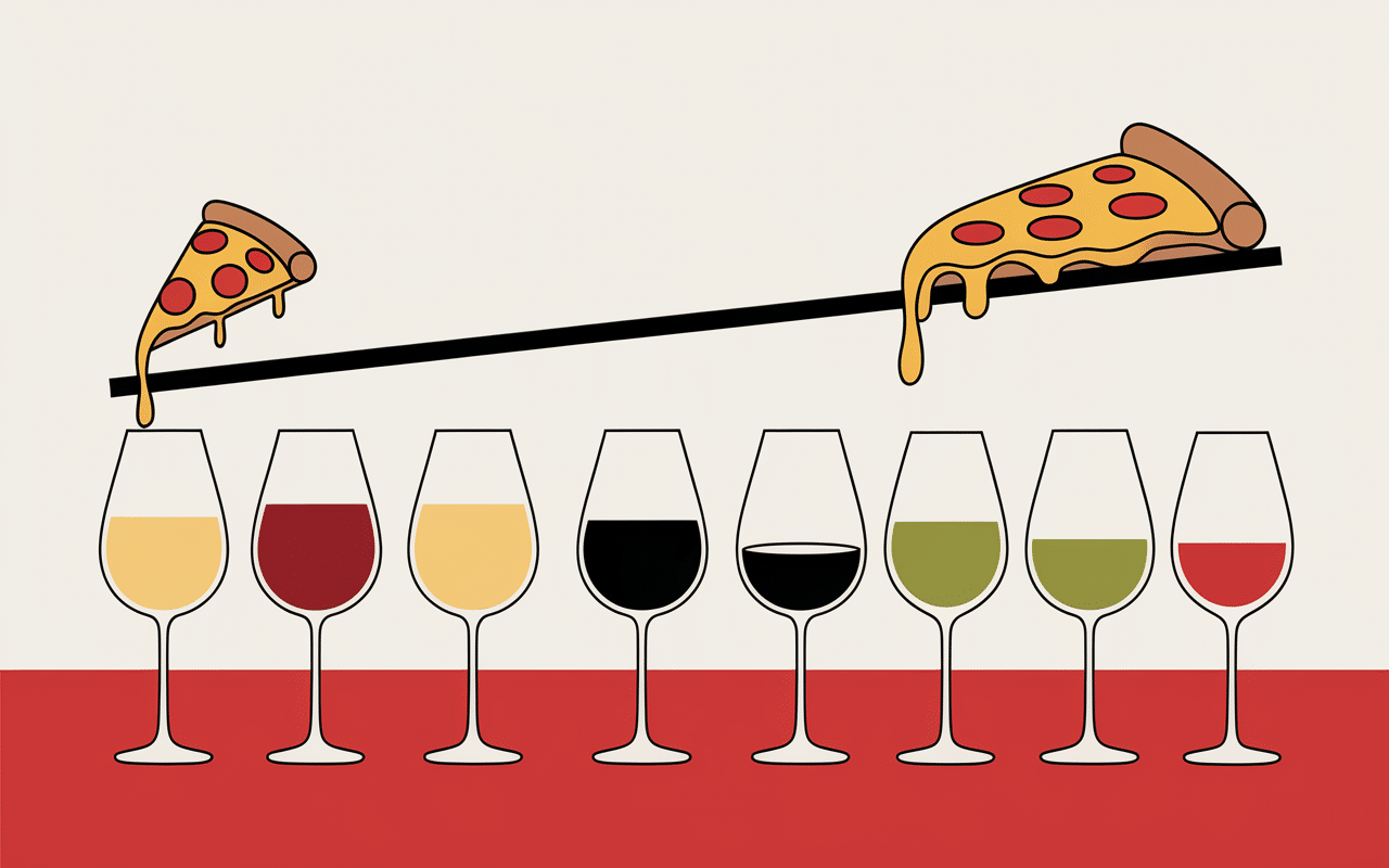 Balance pizza vin plusieurs verres accords