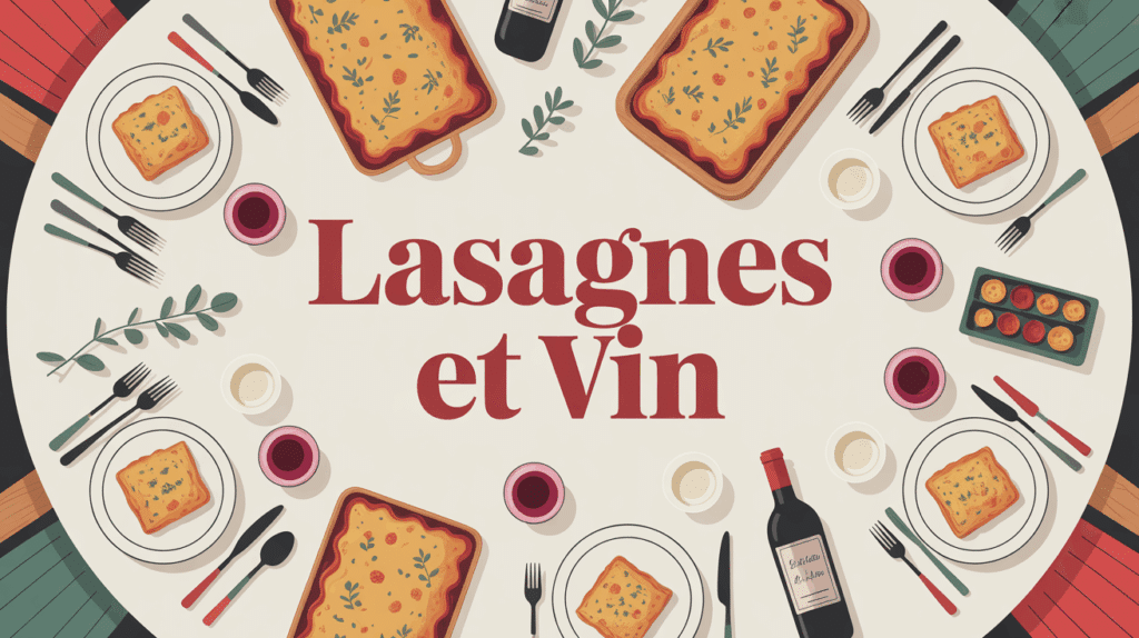 Lasagnes dorées avec verres de vin rouge et blanc