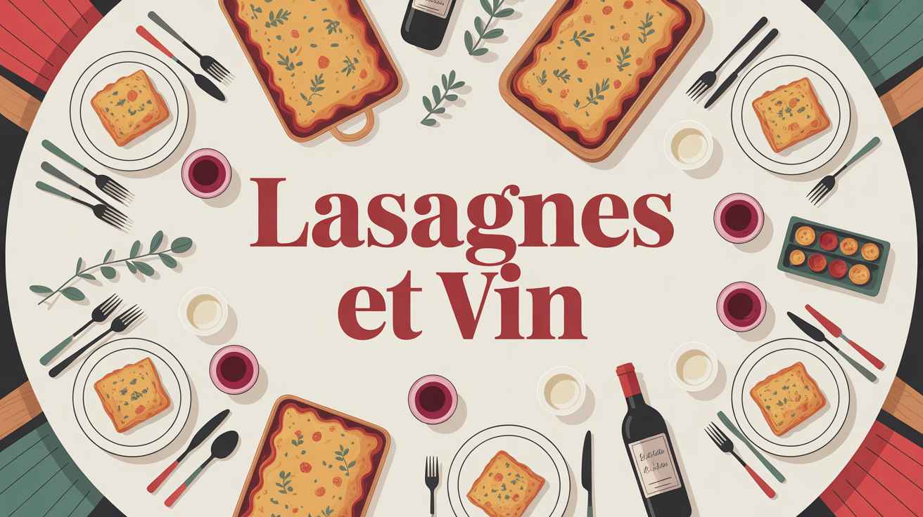 Lasagnes dorées avec verres de vin rouge et blanc