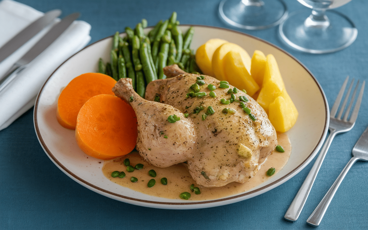 Assiette poulet morilles et légumes variés cuisson vapeur
