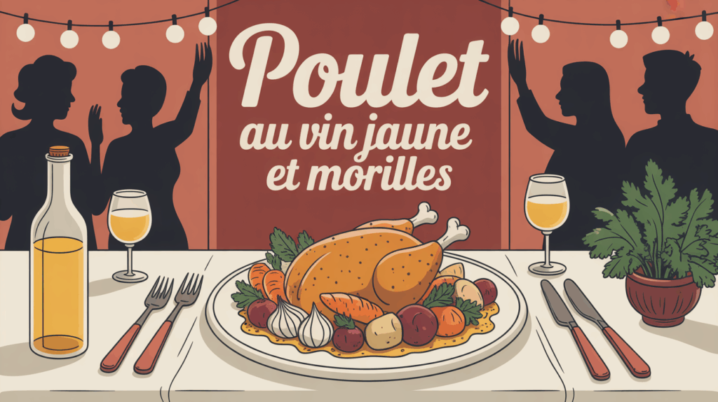 Poulet au vin jaune et morilles avec légumes traditionnels sur table festive