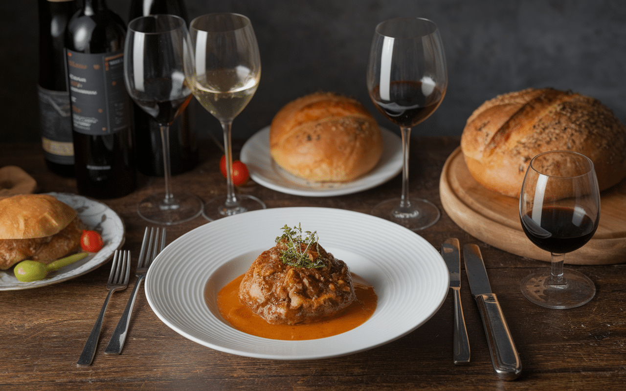 Carbonade flamande entourée de vins rouges et blancs sur table rustique