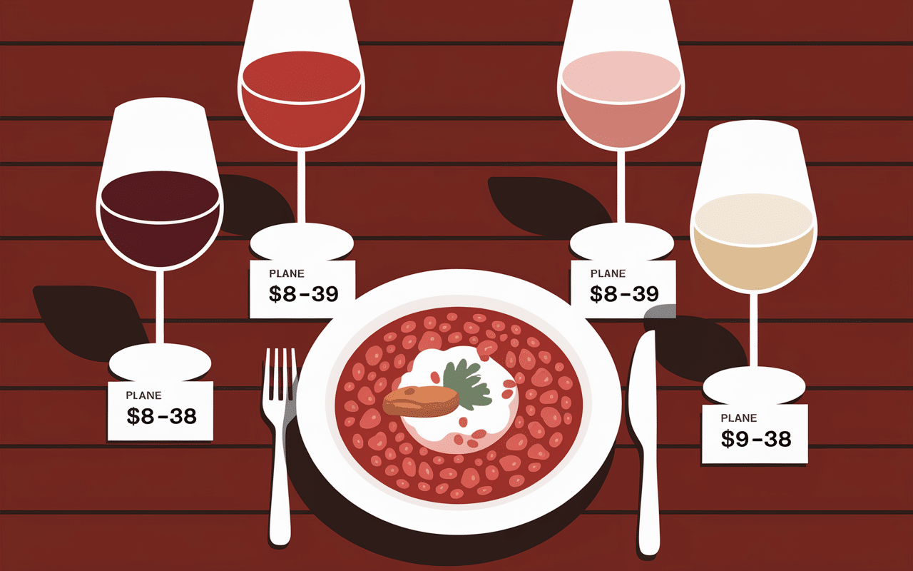 Plat chili con carne et verres de vin différents