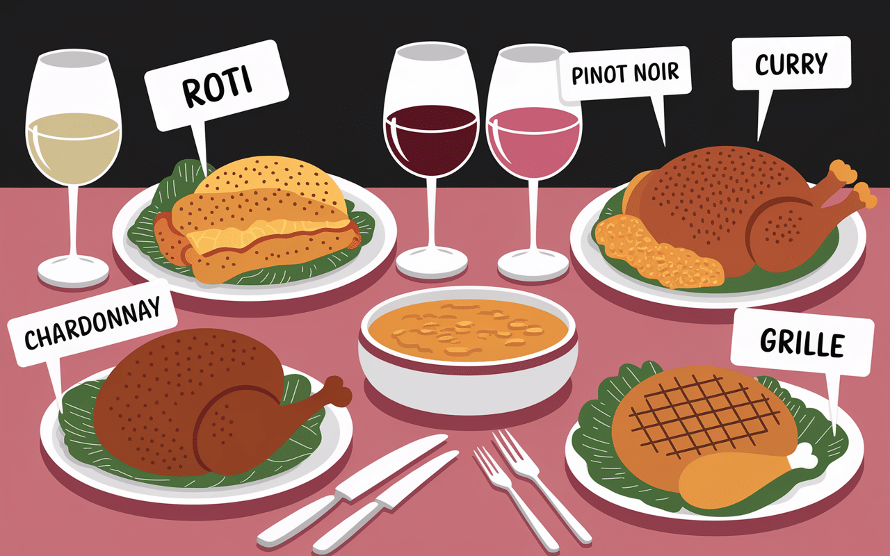 Tableau vins poulet roti creme curry grille