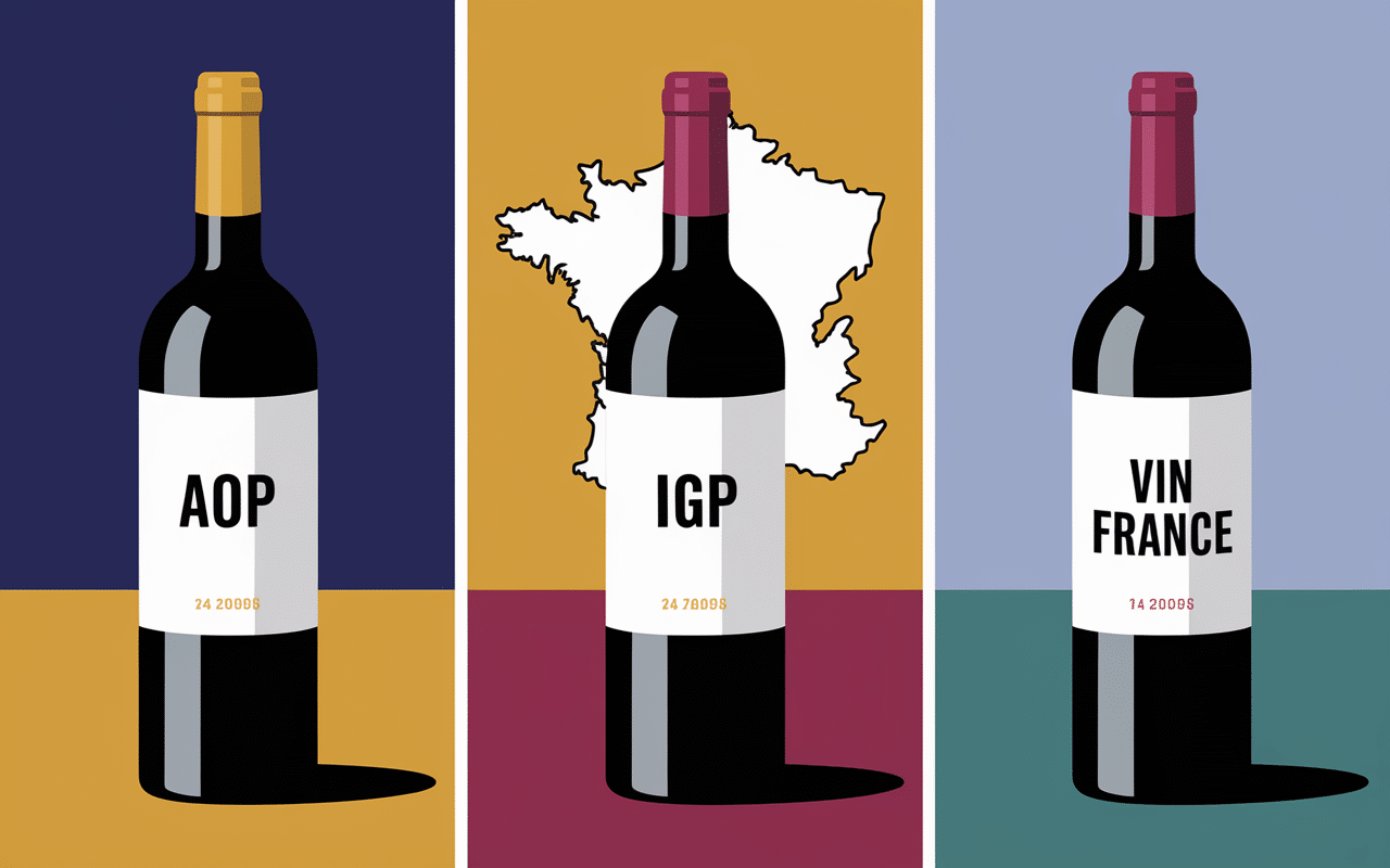 Trois bouteilles AOP IGP Vin de France carte France