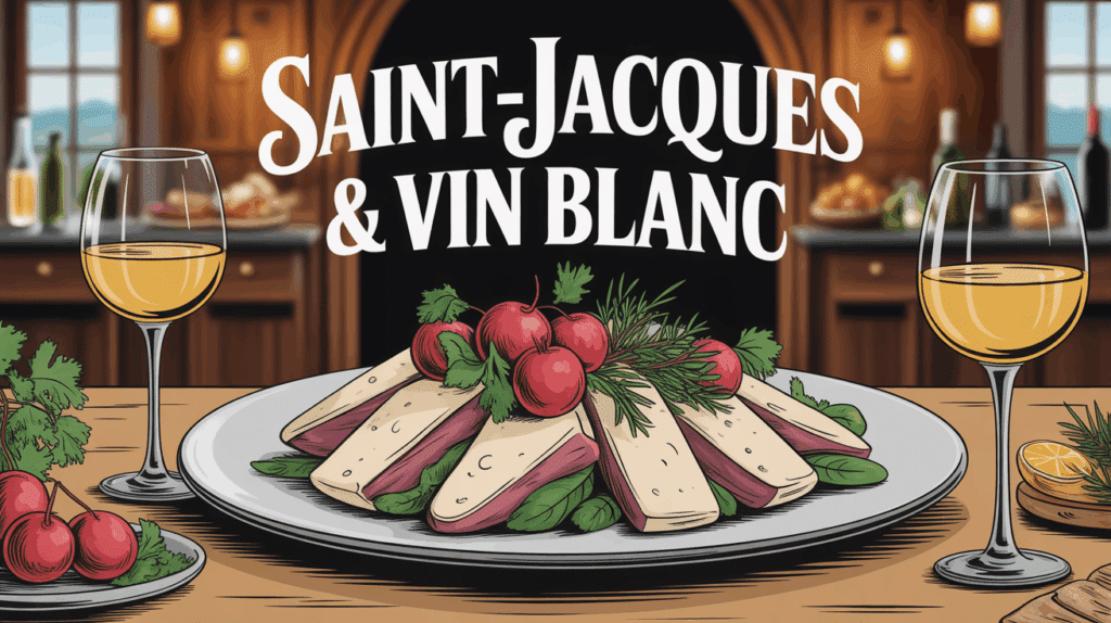 Illustration plateau Saint Jacques et verres vin blanc sec