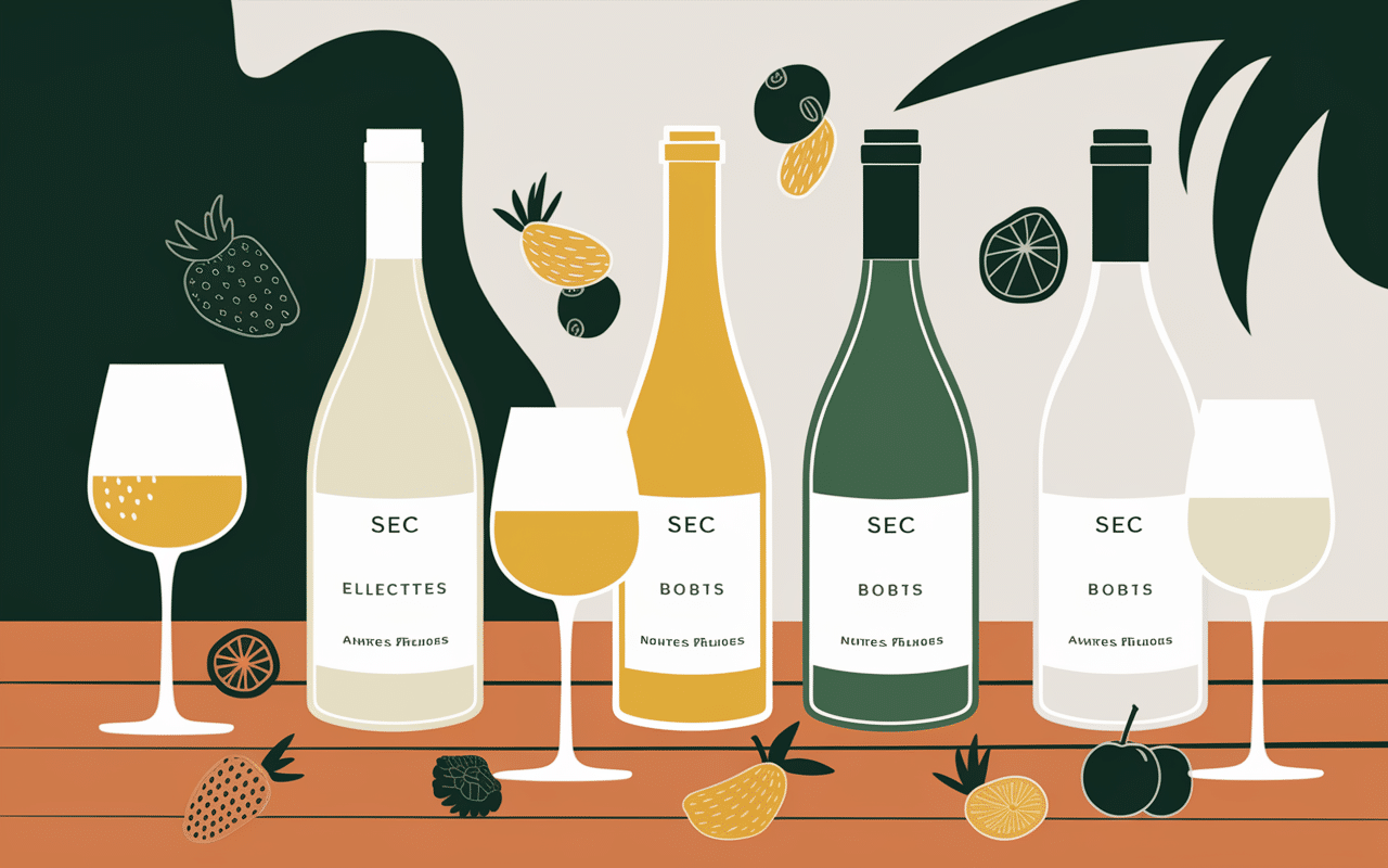 Bouteilles et verres de vin blanc pour apéritif, millésimes récents