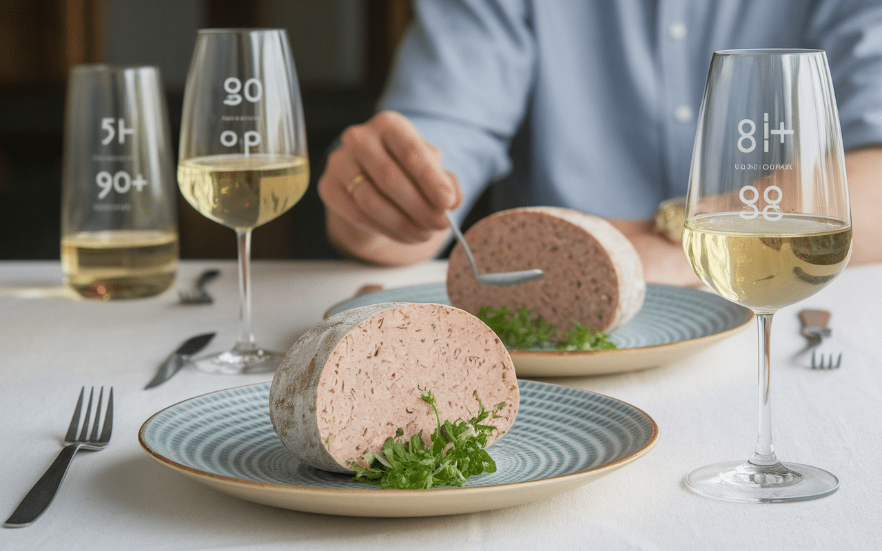 assiette boudin blanc et verres vin blanc